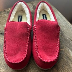 Red Suede Faux-Fur Lined Moccasin Slippers